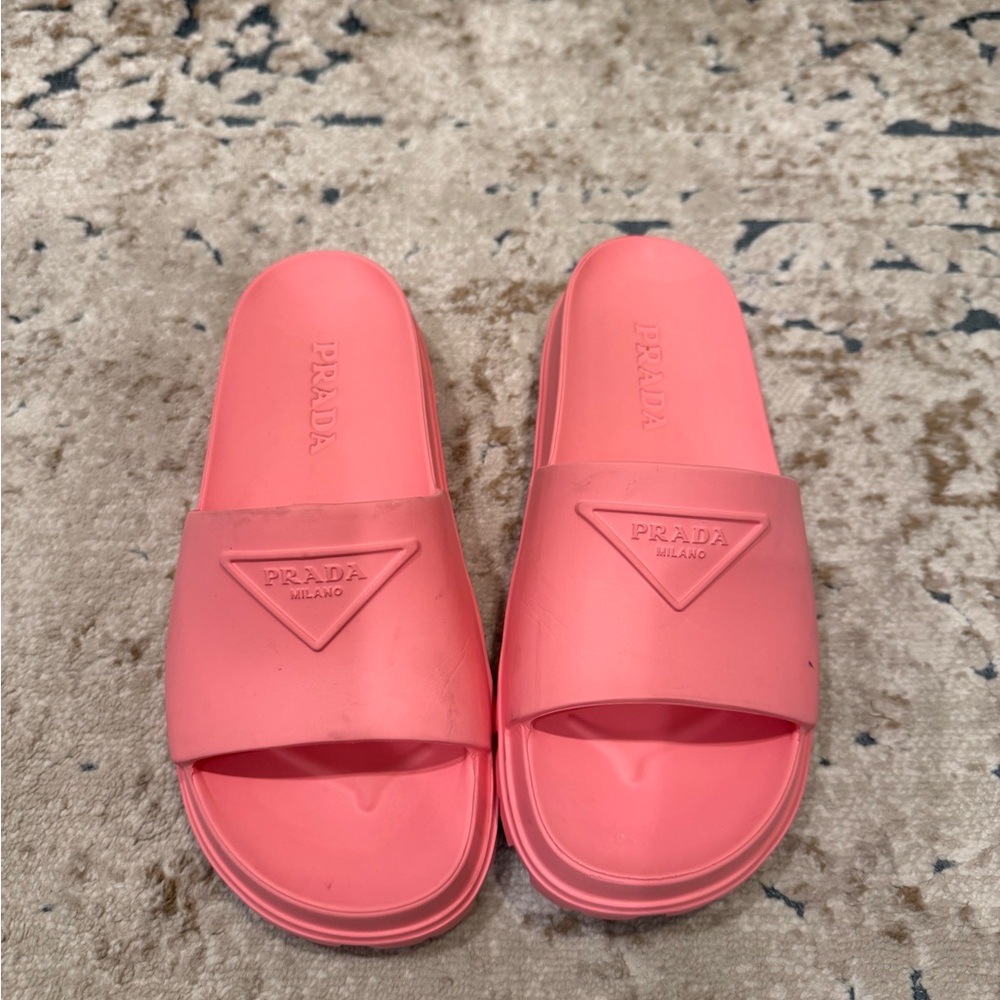 Prada Coral Pink Logo Rubber Slides